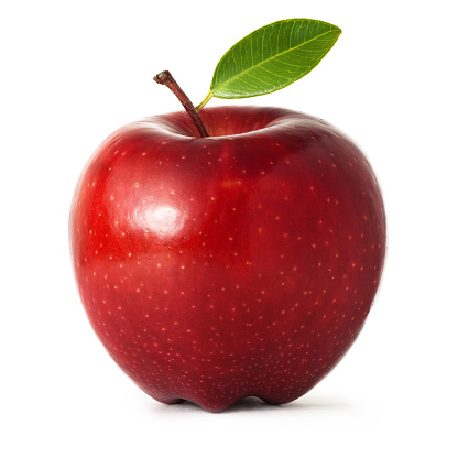 Red apple with leaf on white background.Apple portions: