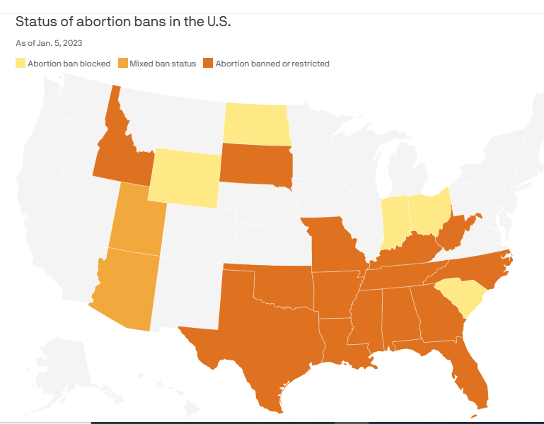 United States map showing the status of state abortion rulings