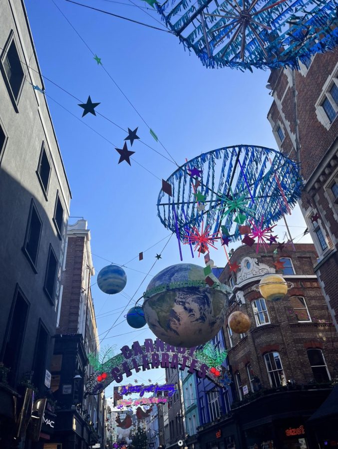 Lively street decorations bring energy to the streets of Mayfair, London. 