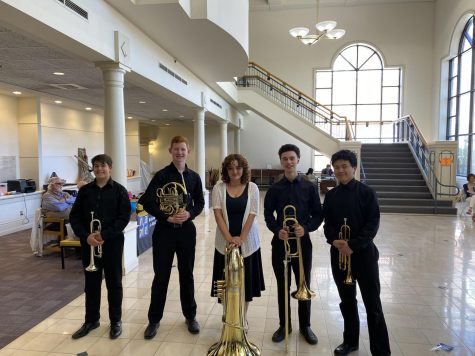 Timberlines band students at the State Solo competition 
(left to right: Steven White, Aidan Koch, Katherine Garman, Matias Vidal-Russel and Eddie Hu)