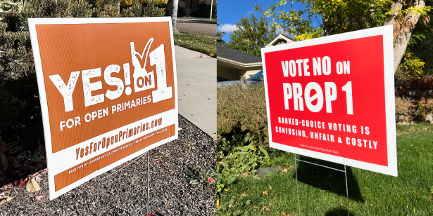 Yard signs from both the Yes and No for Prop 1 campaigns.