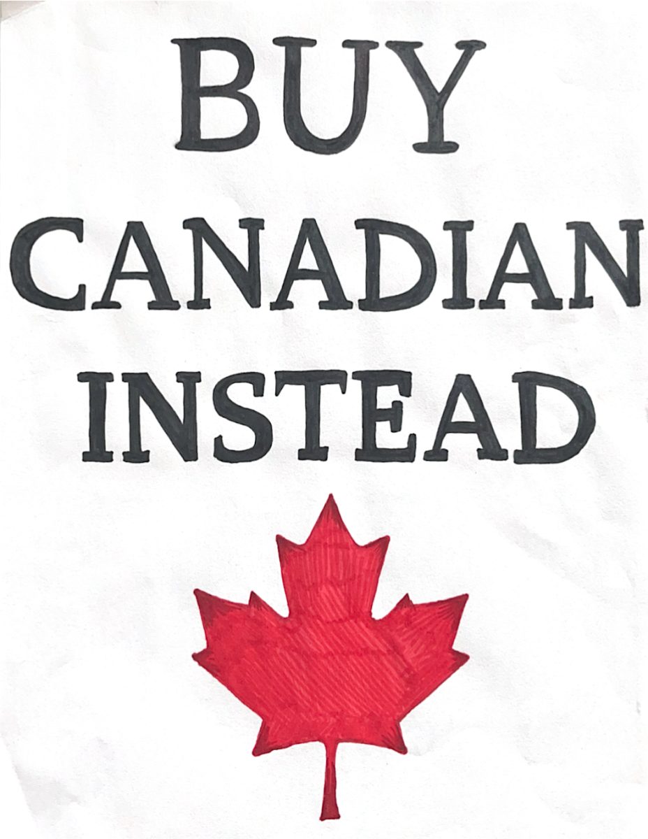 Illustration of a sign in Canadian stores urging customers to buy products made in Canada