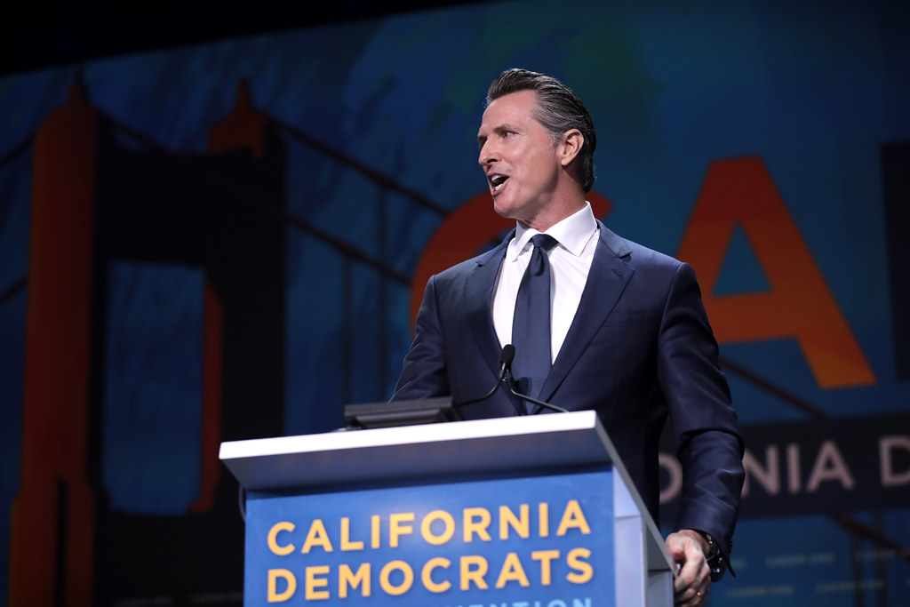 California Governor Gavin Newsom gives a speech at the California Democrats State Convention.