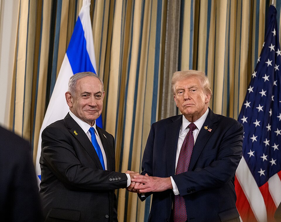 President Donald Trump and Israeli Prime Minister Benjamin Netanyahu shake hands after joint press conference announcing the U.S. peace plan for Gaza, Monday, September 29, 2025, in the State Dining Room of the White House.