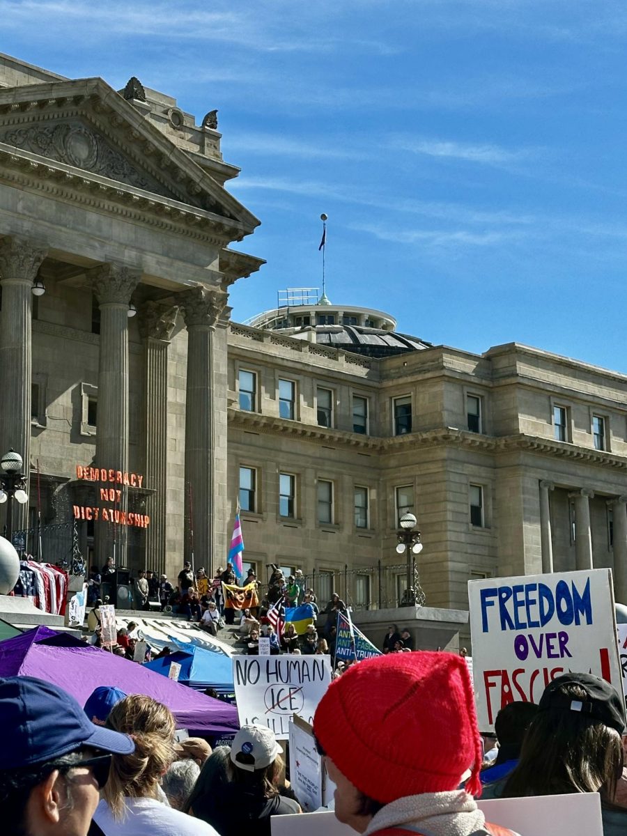 The Idaho Capitol was adorned with signs and flags. Huge letters were hung that read “DEMOCRACY NOT DICTATORSHIP.”
